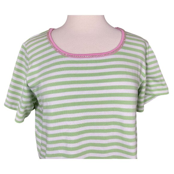 Quacker Factory Short Sleeve Green White Striped Scoop Rhinestone Neck VTG Tee - Picture 2 of 7